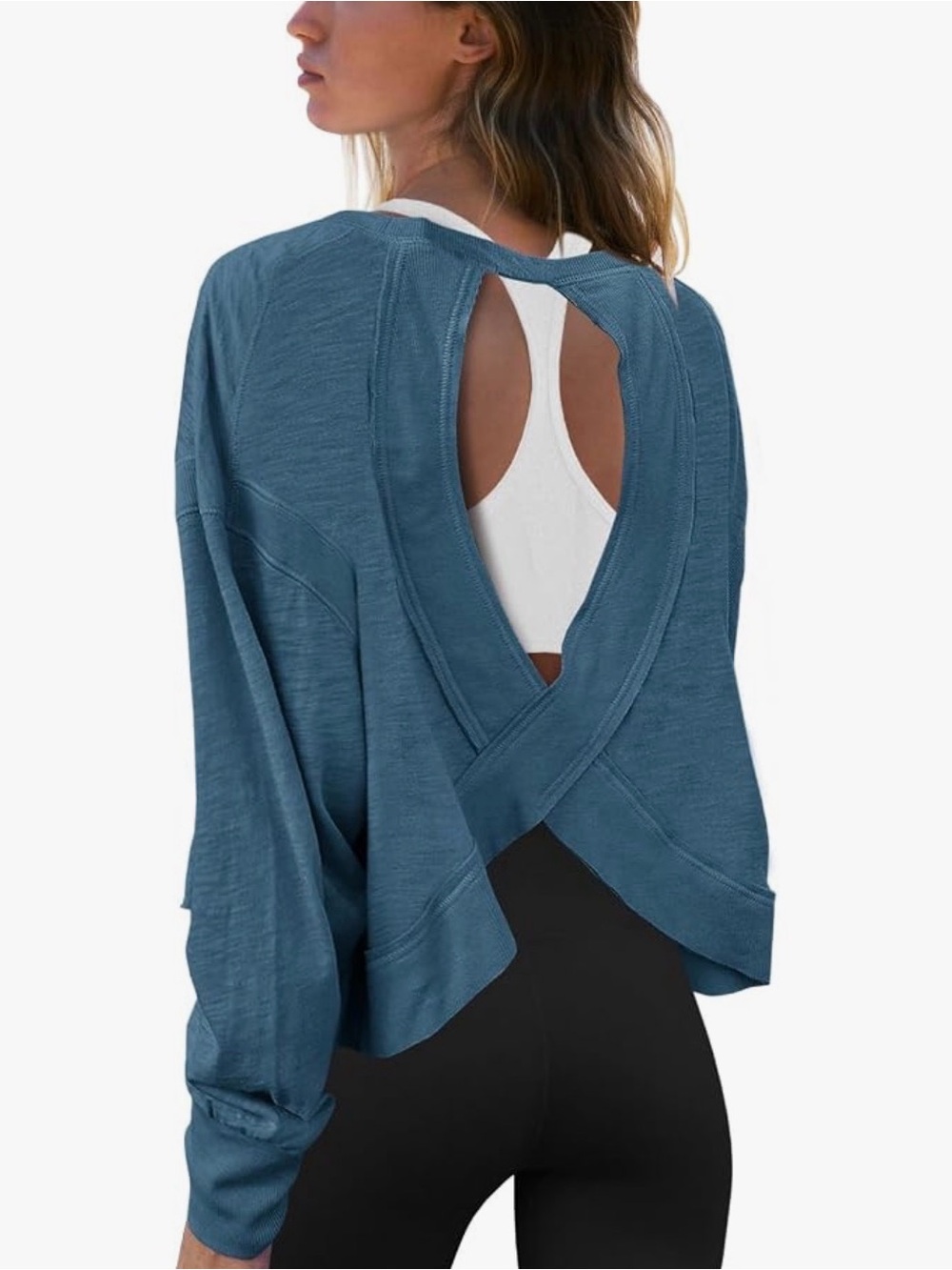 Navy Blue Open Back Long Sleeve Tee | Medium, Free People inspired